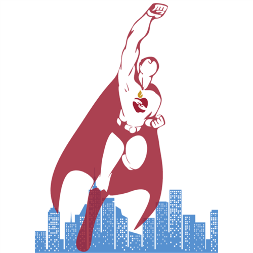 red superhero with PISD apple logo flying over blue city skyline 